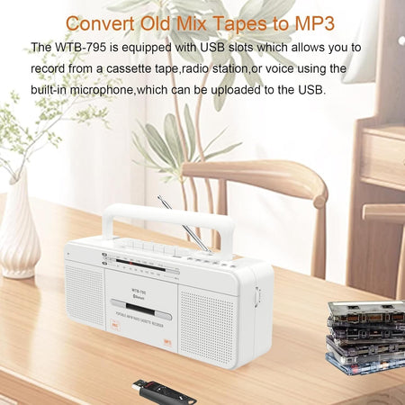 Lettore di cassette retrò WTB-795 con radio stereo USB/Bluetooth/AM/FM MP3