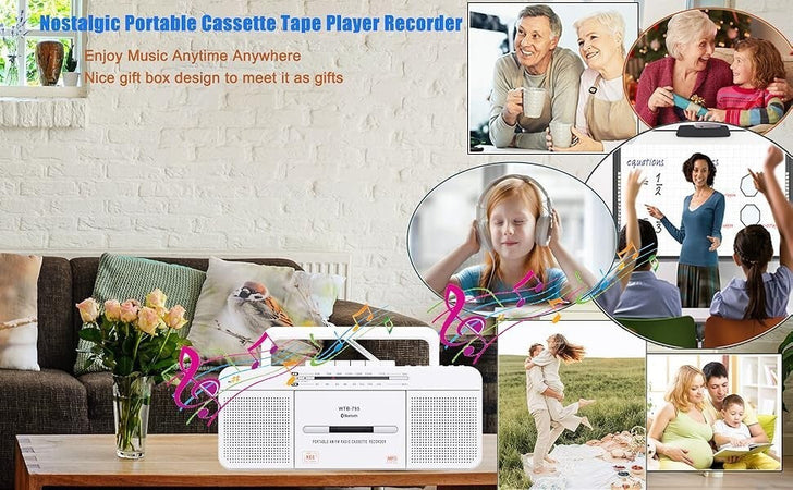 Lettore di cassette retrò WTB-795 con radio stereo USB/Bluetooth/AM/FM MP3