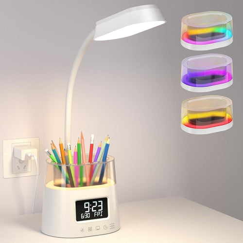 Lampada da Scrivania LED Con Luce RGB 3 Modalità di Colore Portapenne Orologio