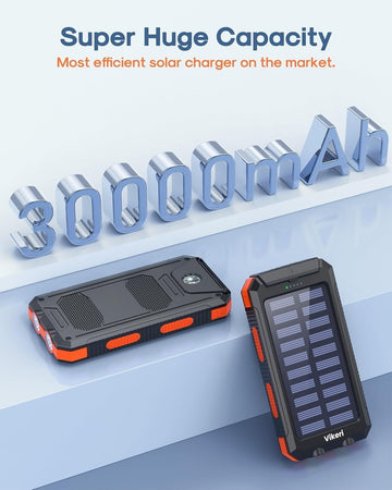Power Bank Solare 30000mAh, 2 porte di uscita USB e ingresso micro USB