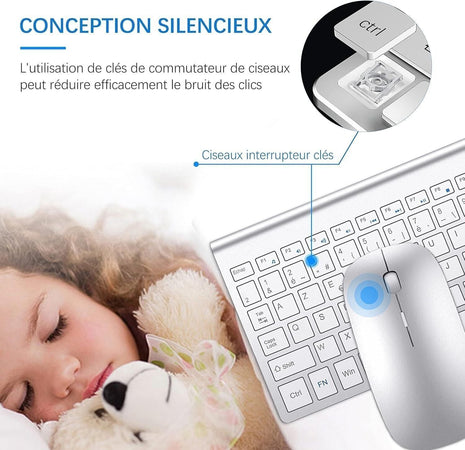 Tastiera e mouse senza fili ultra sottile azerty 2.4G Silent Compact Tastiera