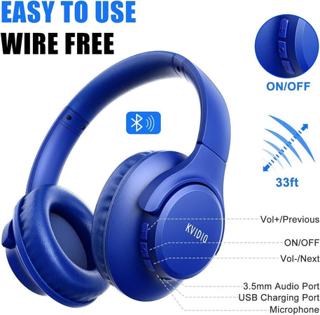 KVIDIO Cuffie Wireless Bluetooth 5.2, 55 ore Vestibilità Comoda Pieghevoli