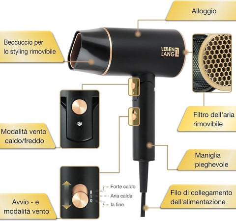 Asciugacapelli Ion 2100W, Anti-Spliss con modalità aria fredda, Asciugacapelli