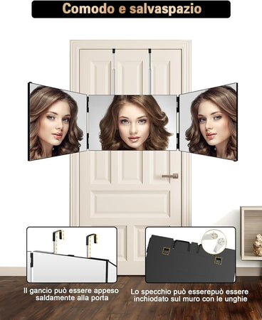 JUSRON Specchio Trucco a 3 Vie, Portatile Specchio a 360 Gradi Capelli, Specchio