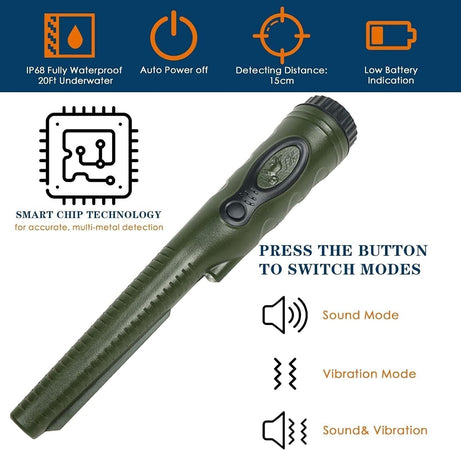 Metal Detector, Rilevamento IP68 Impermeabile Portatile a 360°con Luce LED