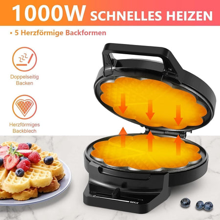 Piastra per Waffle a Forma di Cuore, Rivestimento Antiaderente 5 Waffle 1000w