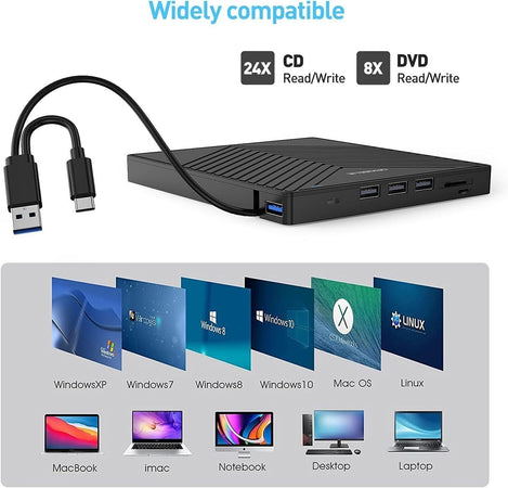 Unità CD/DVD esterna, masterizzatore CD ultra sottile USB 3.0 con 4 porte USB