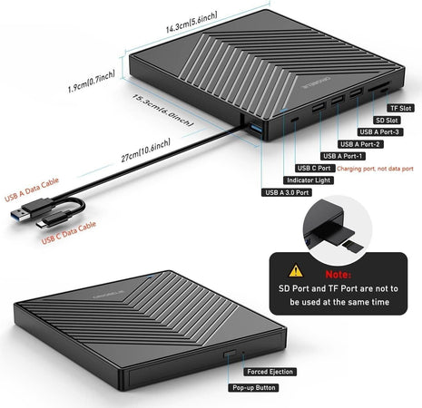 Unità CD/DVD esterna, masterizzatore CD ultra sottile USB 3.0 con 4 porte USB