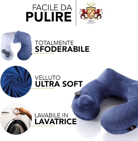 Cuscino collo viaggio gonfiabile, ergonomico soffice in VELLUTINO, cuscino