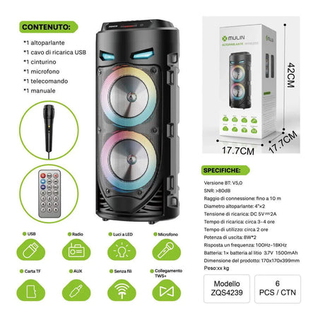 Diffusore portatile cassa bluetooth mp3 karaoke usb aux 10 watt 1500mah ZQS4239