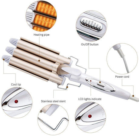 Bacchetta arricciacapelli per capelli con ferro arricciacapelli a 3 a 3 fusti riscaldante in ceramica pro tormalina