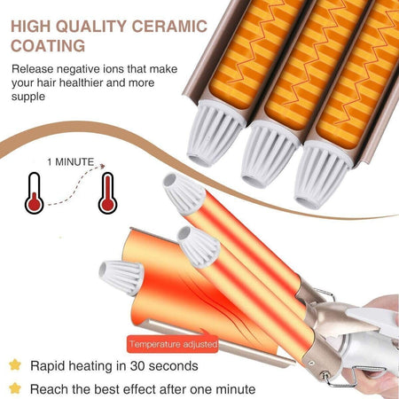 Bacchetta arricciacapelli per capelli con ferro arricciacapelli a 3 a 3 fusti riscaldante in ceramica pro tormalina