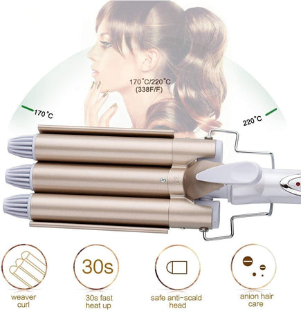 Bacchetta arricciacapelli per capelli con ferro arricciacapelli a 3 a 3 fusti riscaldante in ceramica pro tormalina