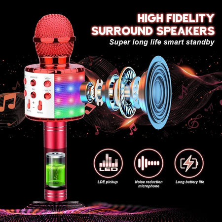 Microfono Karaoke Bluetooth, Microfono bambini, Microfoni Wireless LED Flash