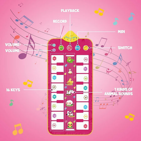Tappetino Musicale per Pianoforte per Bambini Bilaterale Tastiera 16 Tasti e 7 Versi Animali