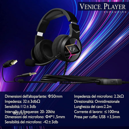Venice Cuffie da Gaming Con Filo E Microfono Staccabile Con Controllo Del Volume