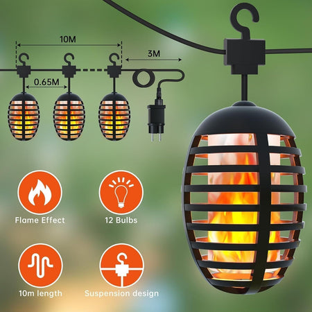 10m 12 Lampadine 5W Realistico Effetto Fiamma Luci Stringa IP44 Impermeabili