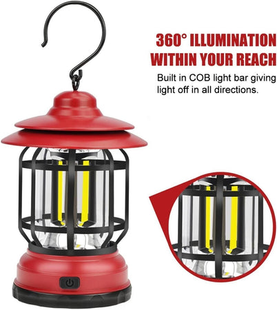 Lampada LED campeggio retrò lanterna ricaricabile USB luce portatile con gancio