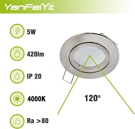 YanFeiYit 5 faretti da incasso a LED, rotondi, cromati opachi, 5 Watt, bianco