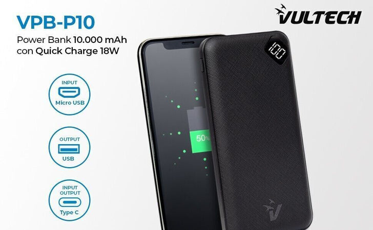 Vultech VPB-P10 batteria portatile ai Polimeri di litio (LiPo) 10.000 mAh Nero