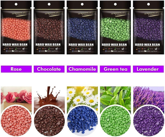 Scaldacera per la depilazione, 5 x 100 g di chicchi di cera + 25 bastoncini