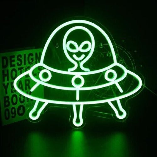 Insegna al neon aliena, insegne al neon verdi, navicella spaziale al neon a LED