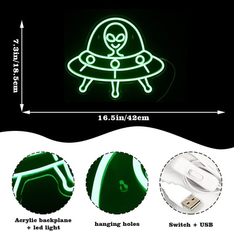 Insegna al neon aliena, insegne al neon verdi, navicella spaziale al neon a LED