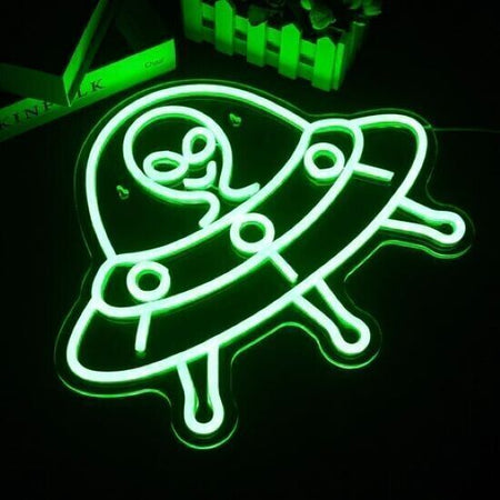 Insegna al neon aliena, insegne al neon verdi, navicella spaziale al neon a LED