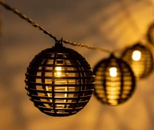 Luci solari da giardino nere con 10 lanterne in corda di canapa naturale