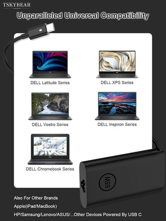Alimentatore Adattatore Caricatore per laptop Dell e Chromebook da 65 W - USB C
