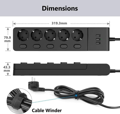 MiiKare Ciabatta elettrica con 5 prese, interruttore singolo, 3 porte USB