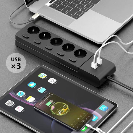 MiiKare Ciabatta elettrica con 5 prese, interruttore singolo, 3 porte USB