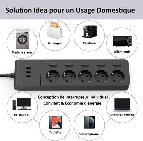 MiiKare Ciabatta elettrica con 5 prese, interruttore singolo, 3 porte USB