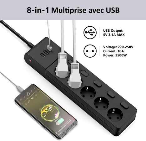 MiiKare Ciabatta elettrica con 5 prese, interruttore singolo, 3 porte USB