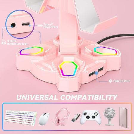 Supporto per cuffie e joypad KDD RGB con 9 modalità di illuminazione, Rosa