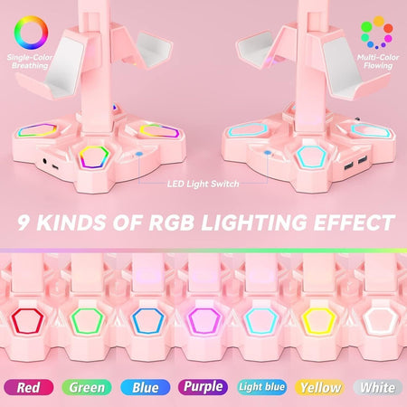 Supporto per cuffie e joypad KDD RGB con 9 modalità di illuminazione, Rosa