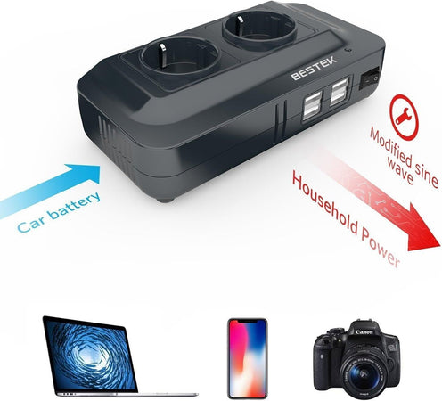 BESTEK 200W Inverter Auto 12v 220v con 4 Porte Smart USB 2 Prese AC, Convertitor