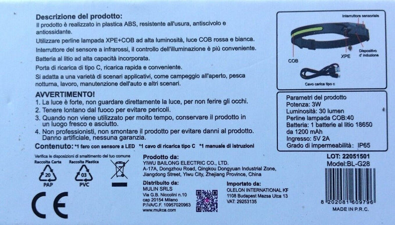Lampada Frontale Led Con Sensore Torcia Da Testa Per Bicicletta Ed Escursionismo