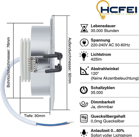 HCFEI Faretti LED da Incasso Dimmerabile 3000K - Set di 6 Faretti a Luce Led