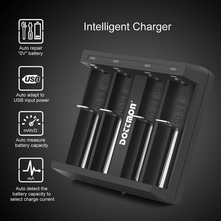 Caricabatterie 4 slot intelligente con display LCD universale per batterie ricaricabili agli ioni di litio 18650 18490 18350 17670 17500 16340 (RCR123) 14500 26650, A AA AAA SC