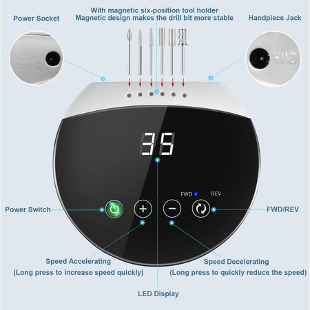 Lima per Unghie Elettrica con Pulsanti a Sfioramento e Display Digitale LED HD