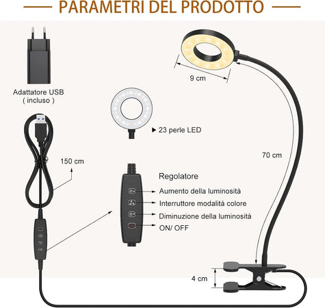 Lampada da lettura iZELL 23 LED con caricabatterie USB e clip Dimmerabile