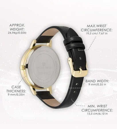 Daniel David Orologio da donna con cinturino in pelle PU liscia nera