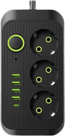 Multipresa Ciabatta 3 Prese 4 USB-A USB-C Prolunga 2m Ricarica Rapida Nero 250V