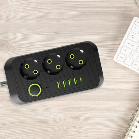 Adattatore multipresa 3 Prese, 4 Porte USB A ricarica rapida cavo prolunga da 2m