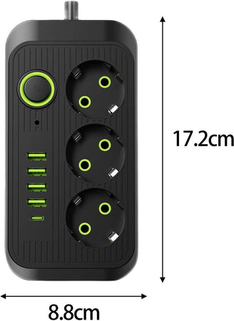 Multipresa Ciabatta 3 Prese 4 USB-A USB-C Prolunga 2m Ricarica Rapida Nero 250V