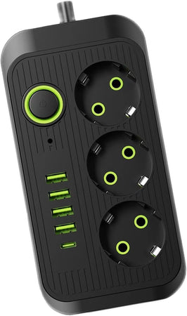 Multipresa Ciabatta 3 Prese 4 USB-A USB-C Prolunga 2m Ricarica Rapida Nero 250V