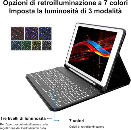 Cover e Tastiera per iPad 9a/8a/7a Generazione, per iPad 10.2" Retroilluminata