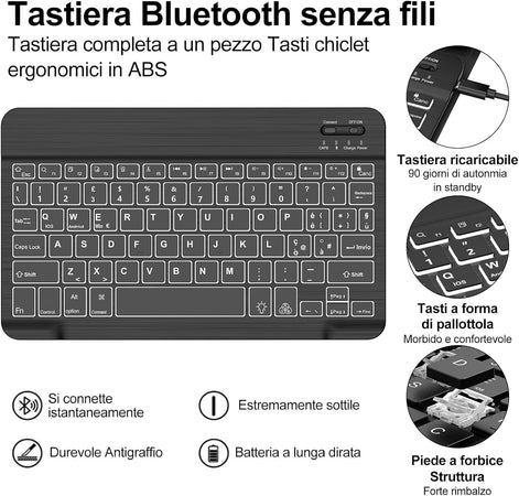 Cover e Tastiera per iPad 9a/8a/7a Generazione, per iPad 10.2" Retroilluminata