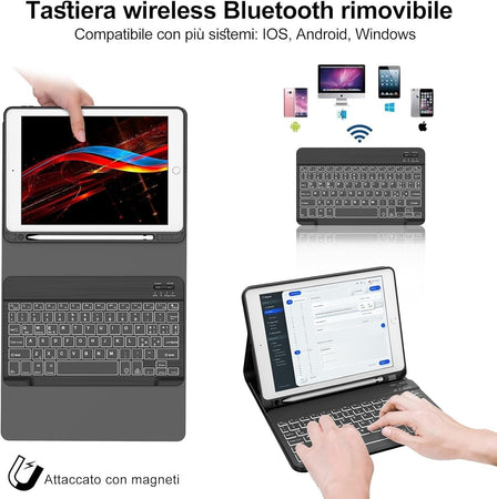 Cover e Tastiera per iPad 9a/8a/7a Generazione, per iPad 10.2" Retroilluminata